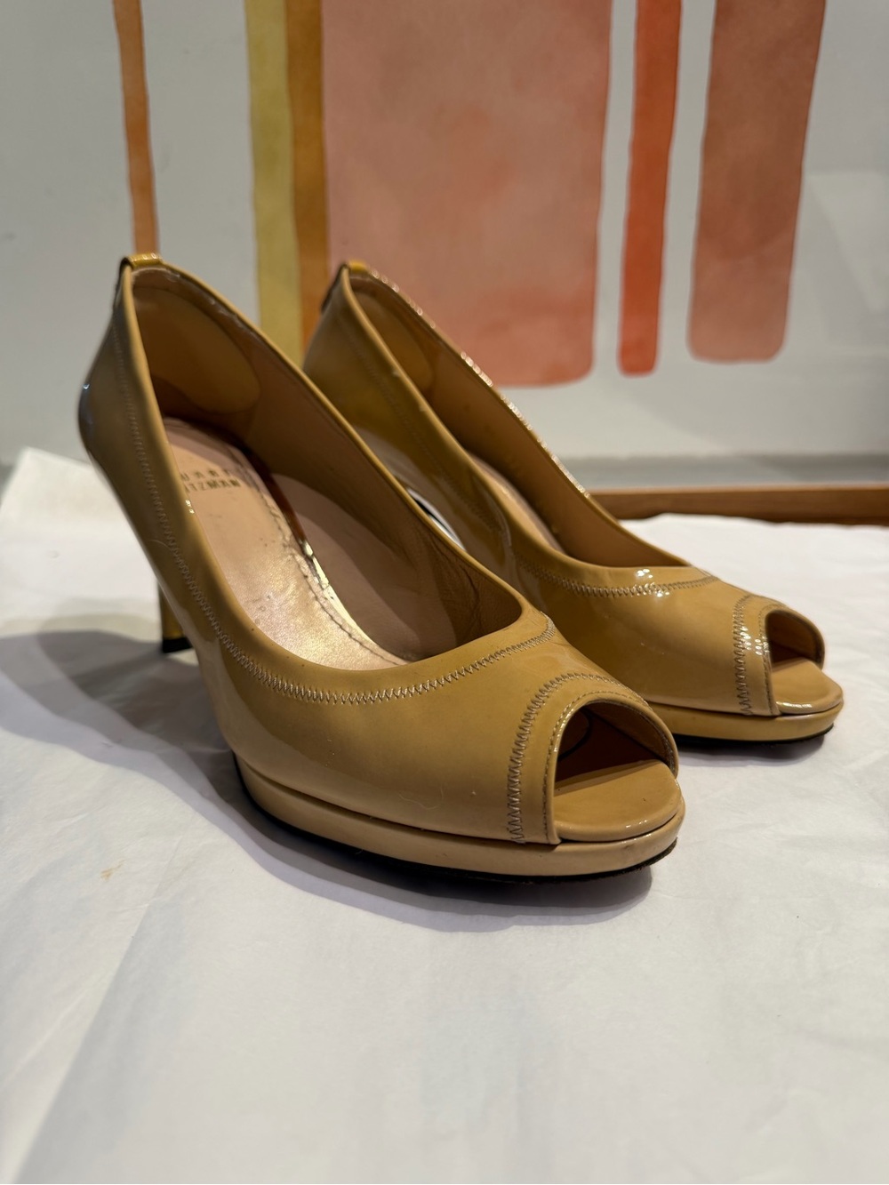 Stuart Weitzman Tan Patent Leather Peep Toe Platform Pumps Size 6.5 M Spain